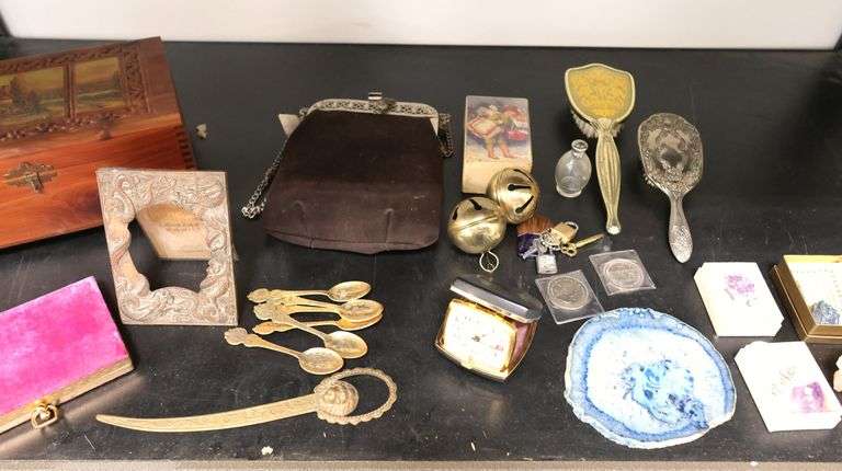 Lot of Polished Geologic Specimens, Dresser Box, Travel Clock, Frames Etc.