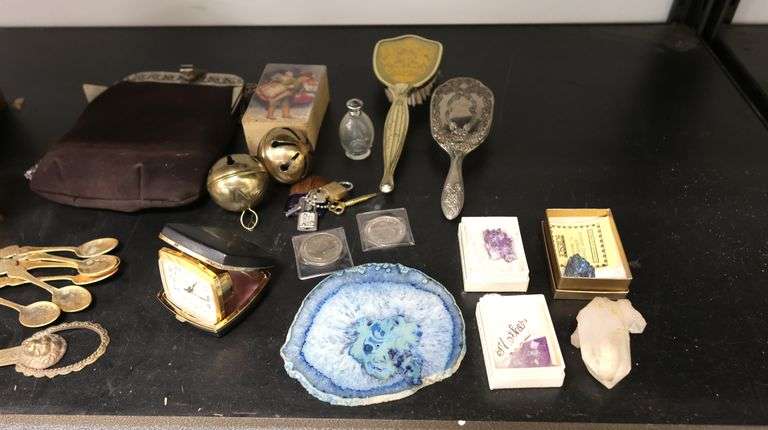 Lot of Polished Geologic Specimens, Dresser Box, Travel Clock, Frames Etc.