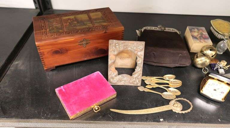 Lot of Polished Geologic Specimens, Dresser Box, Travel Clock, Frames Etc.