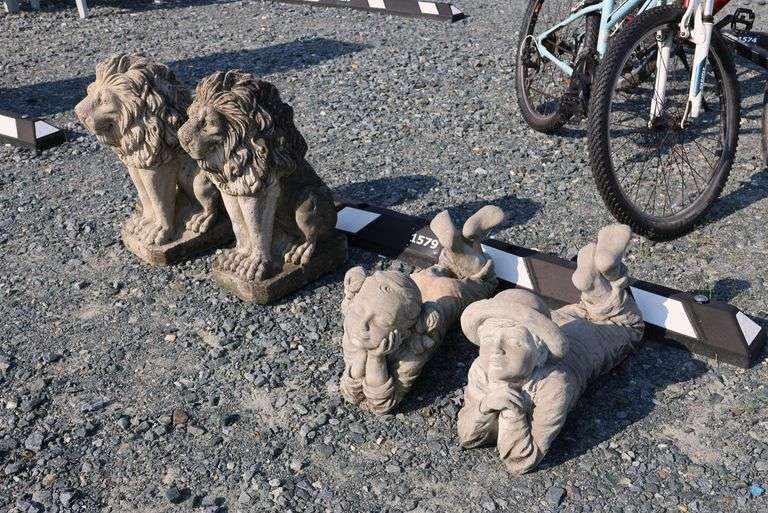 *NO STORAGE* (4) Concrete Lion and Children Garden Sculptures