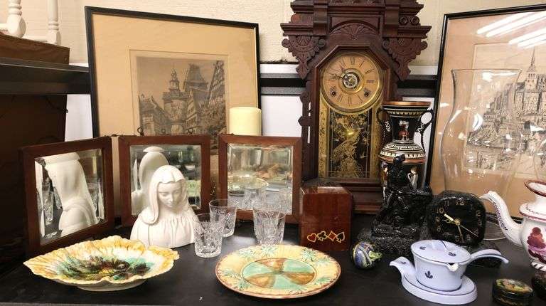 Lot Vintage Framed Prints, Antique Shelf Clock, Folding Shaving Mirror, Majolica Dishes