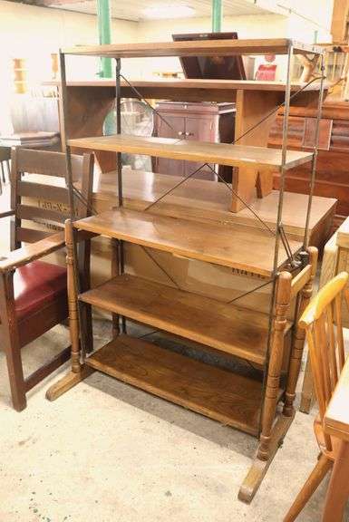 Antique Golden Oak and Metal Factory Shelving Rack