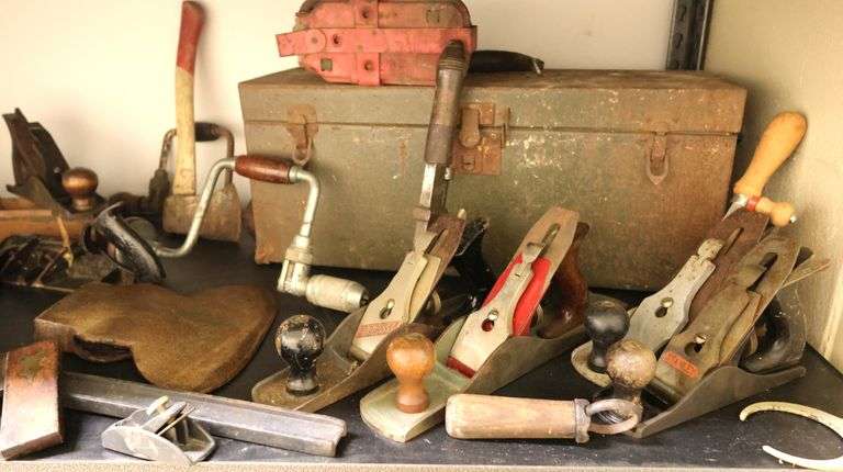 Lot of Vintage Hand Tools, Wood Plates, Drills, Squares, Tool Box Etc.