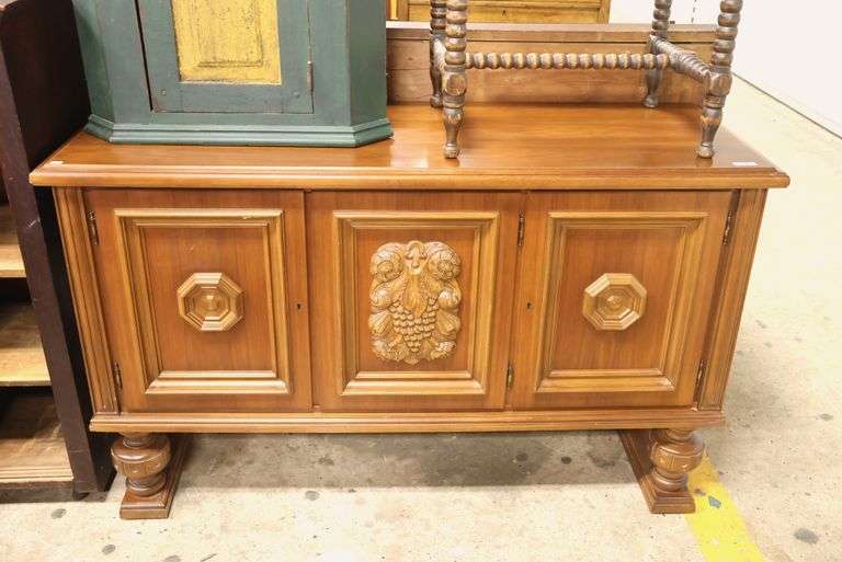 Depression Era Carved Walnut Server, Door Locked
