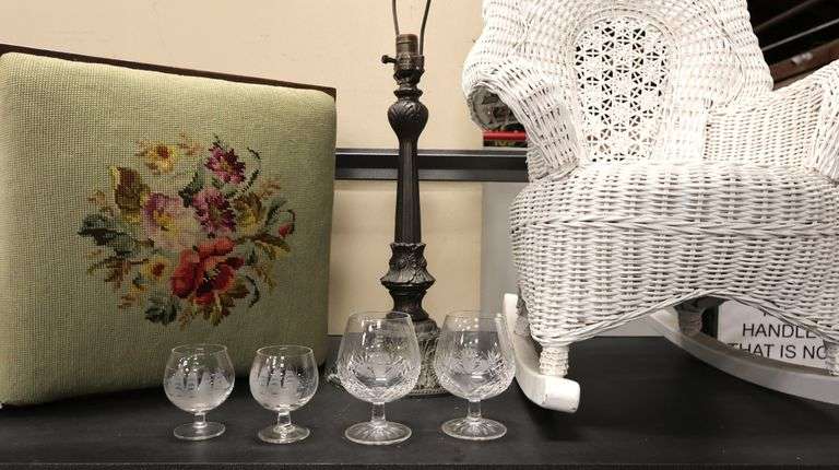 Vintage Wicker Child's Rocking Chair, Etc. Crystal Barware, Needlepoint ...