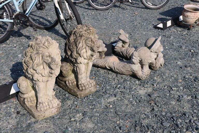 *NO STORAGE* (4) Concrete Lion and Children Garden Sculptures