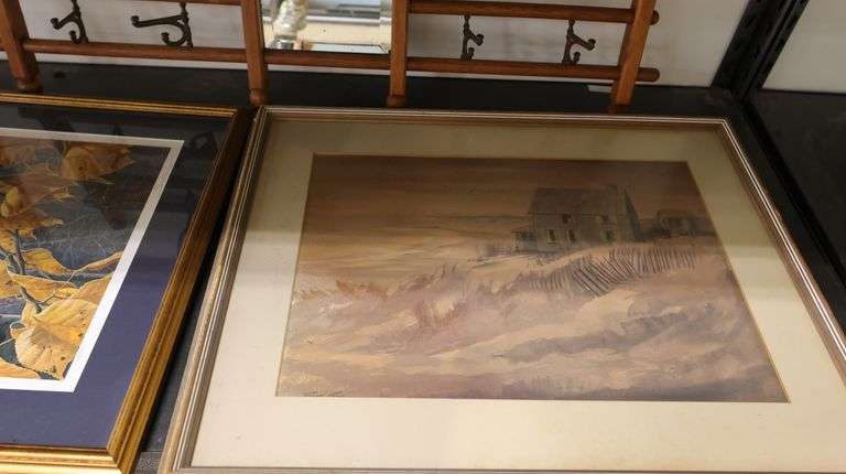 Lot Framed Watercolor Painting & Print, Antique Coat / Hat Rack