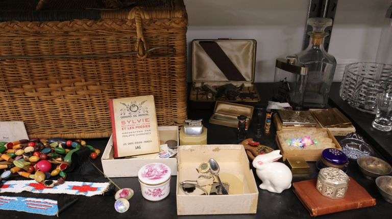 Lot of Wood Carved Beads, Vintage Ladies Compacts, Woven Basket, Carved Figures Etc.