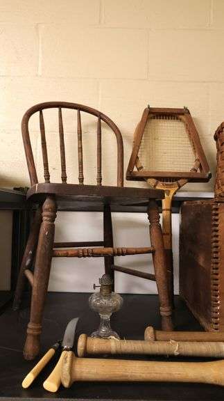Vintage Wooden Baseball Bats, Salisbury MD Bakery Crate, Chair, Oil Lamp, Basket