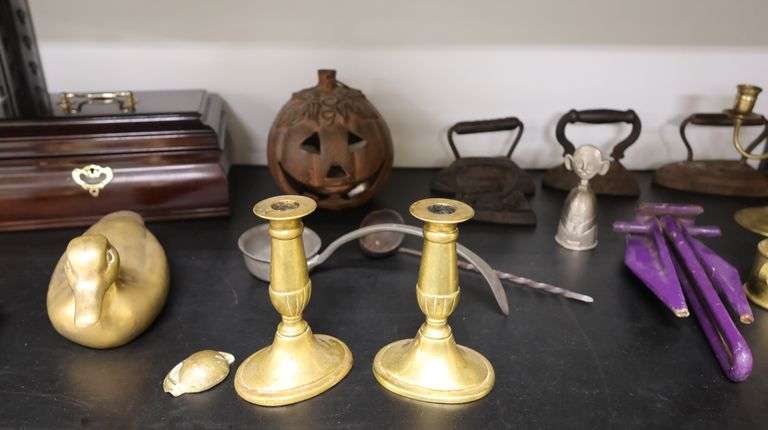 Lot Brass Candlesticks, Duck & Pineapple Door Knocker,, Oil Lamps & Candle Holders Etc.