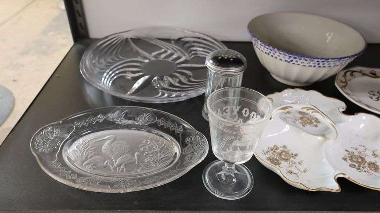 Lot of Clear Glass Serving Platters, Porcelain Dishes, 1976 Goblet Etc.