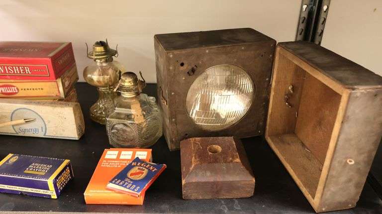 Lot of Vintage Vintage Oil Lamps, Stoneware Whiskey Jug, Light in Box, Cigar Boxes Etc.