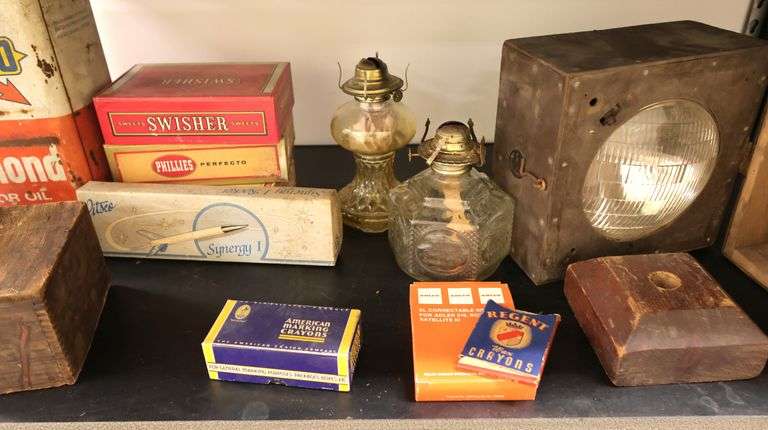 Lot of Vintage Vintage Oil Lamps, Stoneware Whiskey Jug, Light in Box, Cigar Boxes Etc.