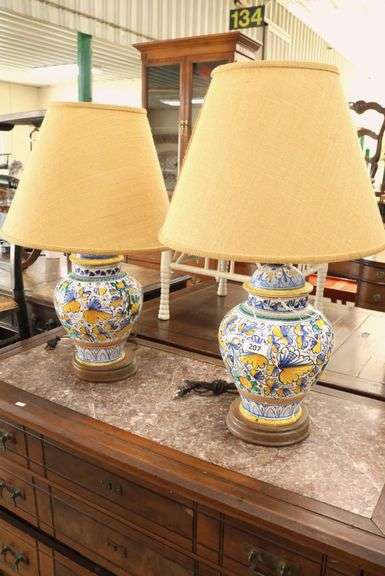 Pair Italian Maiolica Jars Mounted as Lamps, As-Is