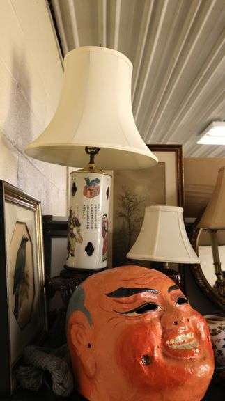 Lot of Carved Ethnographic Figures, Paper Mache, Oriental Mask, Buddha & Turtle, Lamps Etc.