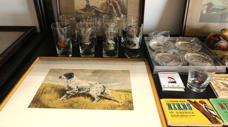 Lot Vintage Dog & Bird Prints, Bird Books & Glasses, Ashtrays, Bossons Busts Etc.