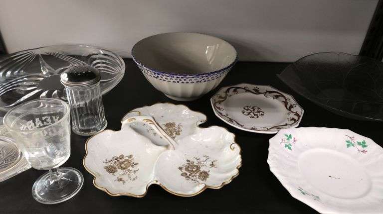 Lot of Clear Glass Serving Platters, Porcelain Dishes, 1976 Goblet Etc.