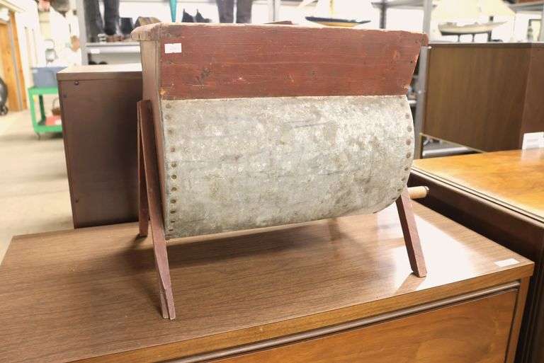 Antique Red-Painted Pine and Tin Butter Churn