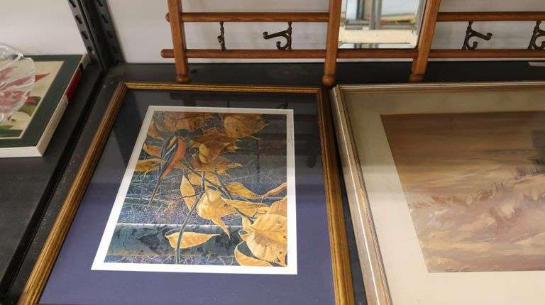 Lot Framed Watercolor Painting & Print, Antique Coat / Hat Rack