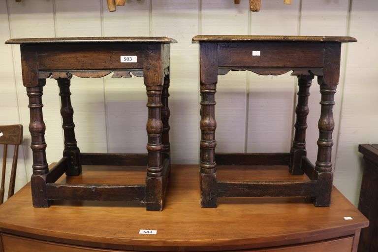 Pair English Mannerist Style Oak Joint Stools, Losses