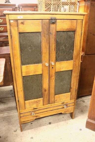 Antique Farmhouse Pine Punched Tin Pie Safe