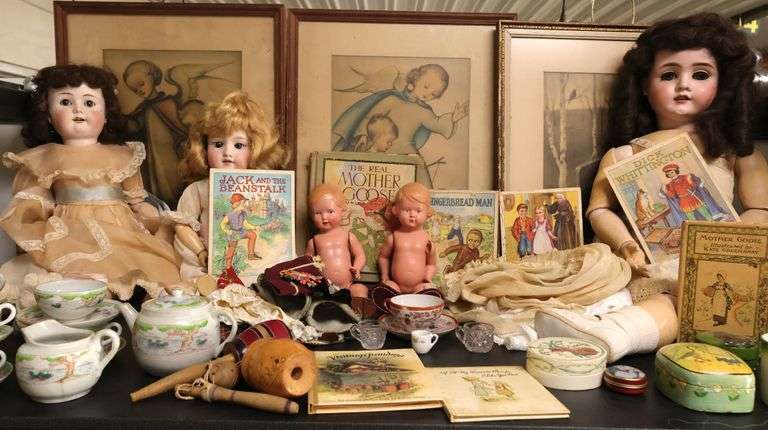Lot of Antique China Head Dolls, Child's Tea Set, Framed Prints, Doll Clothes Etc.