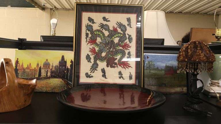 Lot Live Edge Carved Wood Basket, Charger, Lamp with Beaded Shade, Prints & Painting