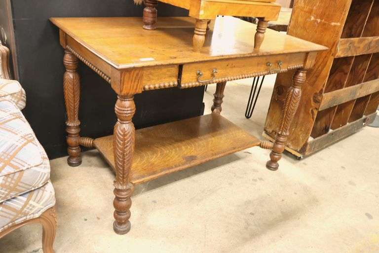 Antique Golden Oak Library Table Desk, Marks on Top