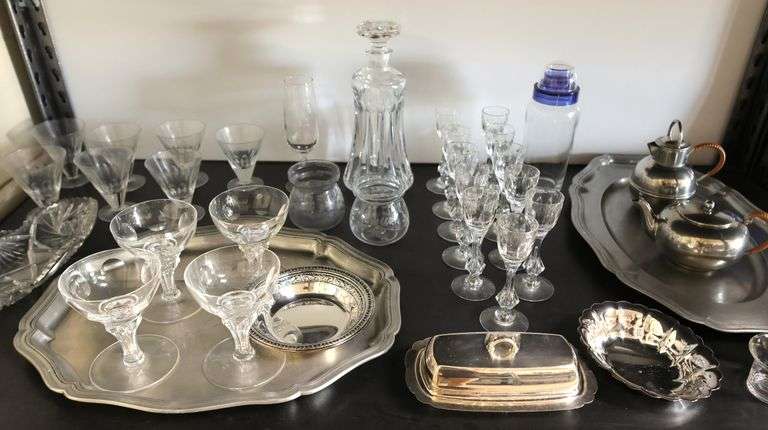 Lot of Crystal Stemware & Cordial Glasses, Liquor Decanter, Silver Plate / Metal Cream & Sugar Etc.
