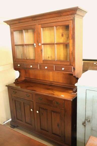 Vintage Farmhouse Pine Two Piece Stepback Cupboard