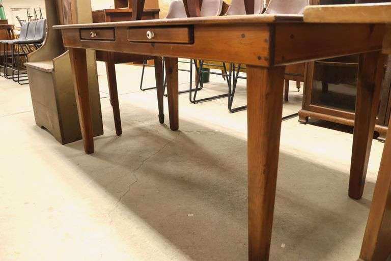 Vintage Farmhouse Pine Harvest Table with Drawers