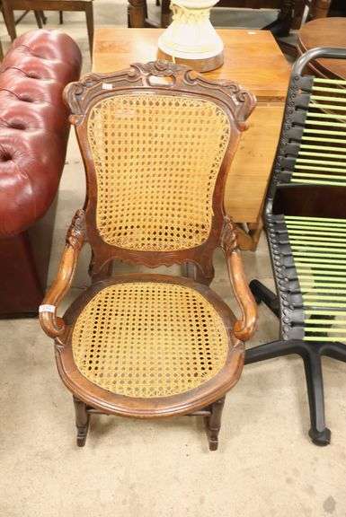 Victorian Carved Walnut Caned Rocker