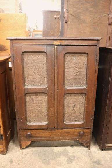 Antique Farmhouse Softwood Pie Safe with Punched Tin Doors