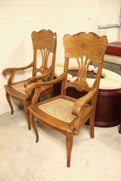 Pair Antique Golden Oak Cane Seat Armchairs, As-Is