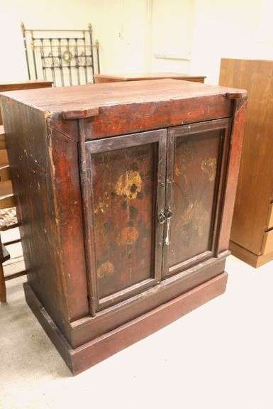 Asian Red Lacquer Floral Decorated Cupboard