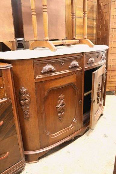 Victorian Marble Top Walnut Fruit Carved Server, Marble Broken