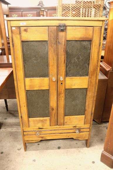 Antique Farmhouse Pine Punched Tin Pie Safe