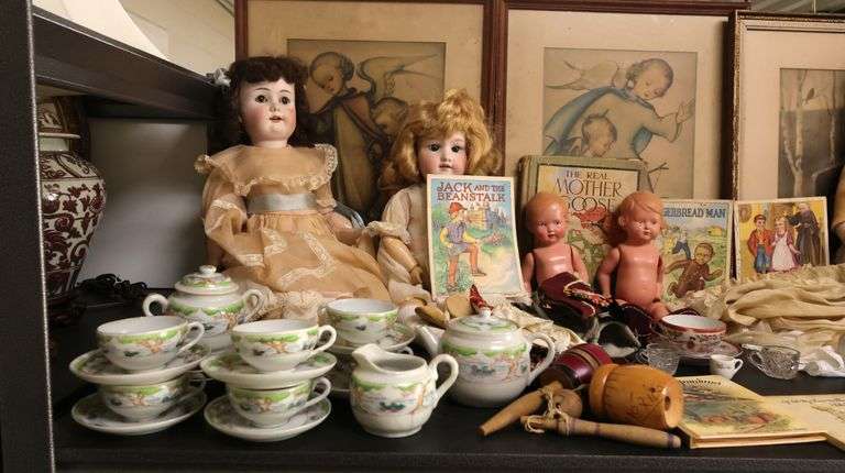 Lot of Antique China Head Dolls, Child's Tea Set, Framed Prints, Doll Clothes Etc.
