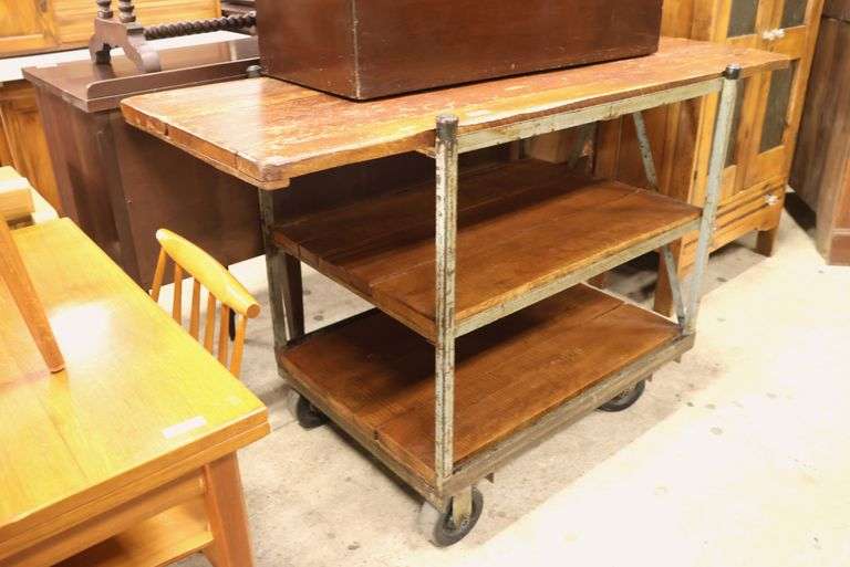 Antique Industrial Pine and Metal Factory Work Cart, Perfect For a Kitchen Island