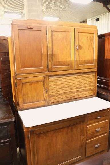 Hoosier Type Stained Kitchen Cabinet with Porcelain Top, Missing Pull on Door