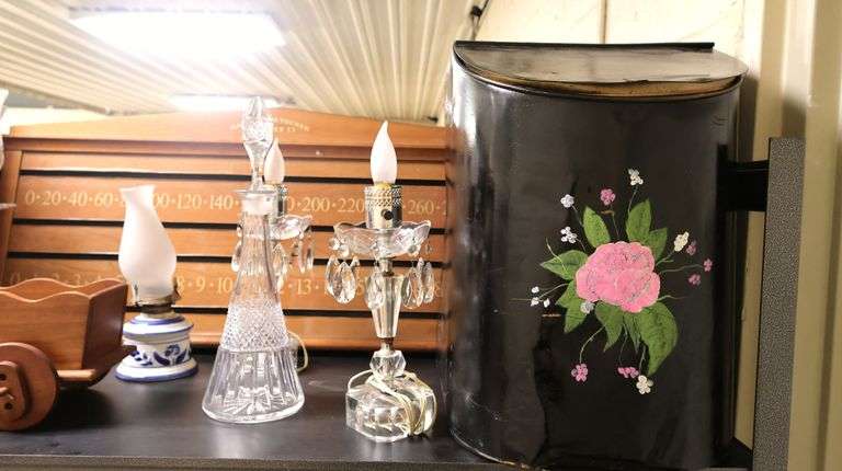 Vintage Glass Table Lamps, Liquor Decanter, Painted Coal Bin, Billiard Scoreboard Etc.