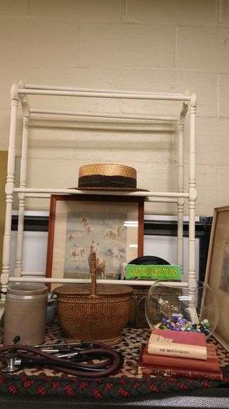 Lot Antique Coffee Grinder, Stoneware Crocks, Carved Wood Nutcracker, Marbles, Framed Art Etc.