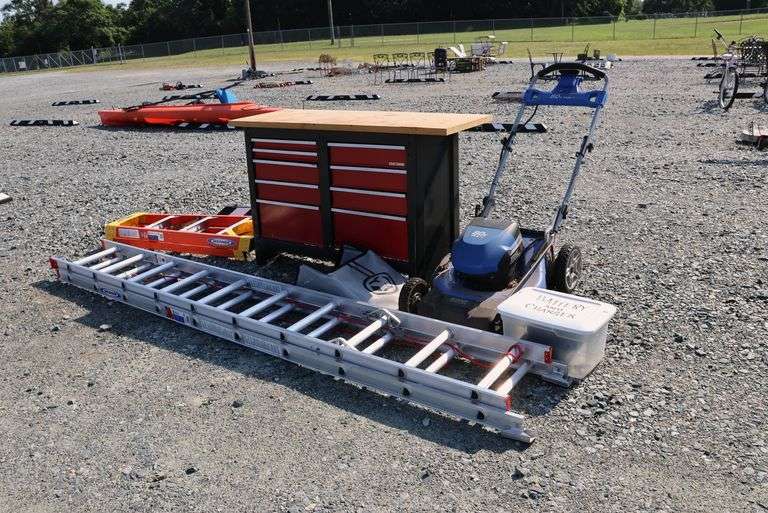 *NO STORAGE* Workbench, Aluminum Ladder, Step Ladder, Kobalt Battery Op Mower, Etc.