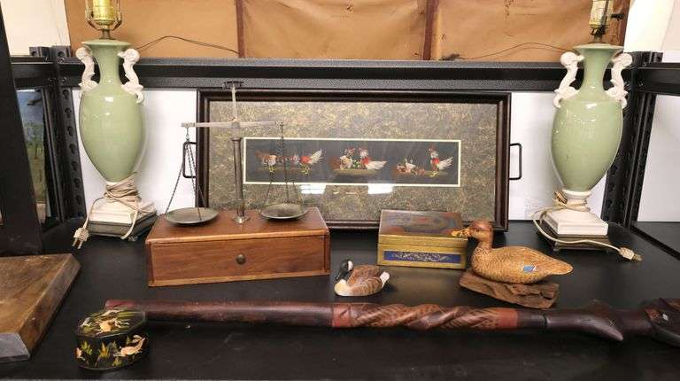 Wine Bottle Corker, Table Scales, Carved Wood Walking Stick, Rooster Tray, Ceramic Table Lamps