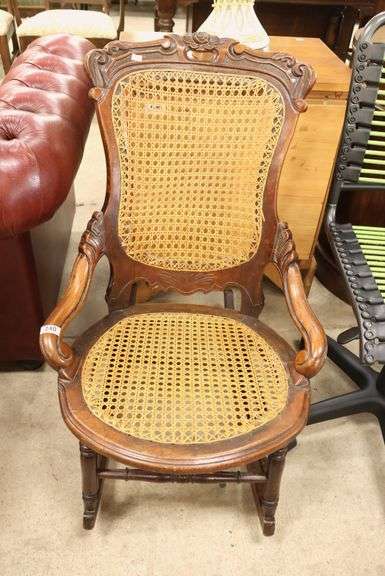 Victorian Carved Walnut Caned Rocker
