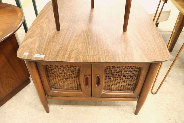 MCM Walnut and Laminate End Table with Caned Doors