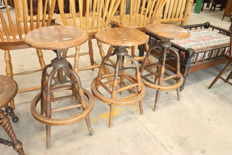 (3) Antique Golden Oak and Metal Industrial Factory Stools