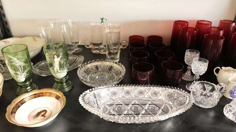 Lot of Vintage Glassware & China Dishes, Ruby Red Glasses, Mary Gregory Style Painted Cups Etc.
