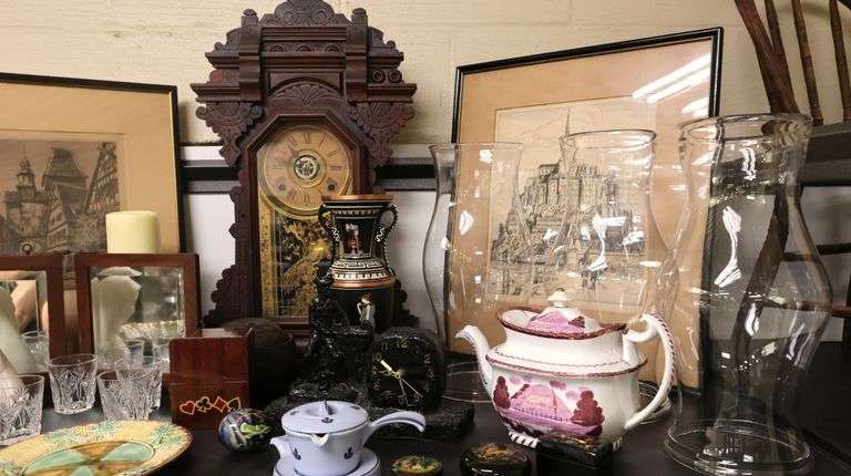 Lot Vintage Framed Prints, Antique Shelf Clock, Folding Shaving Mirror, Majolica Dishes