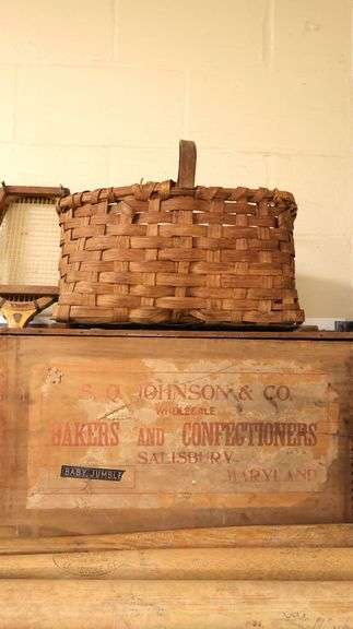 Vintage Wooden Baseball Bats, Salisbury MD Bakery Crate, Chair, Oil Lamp, Basket